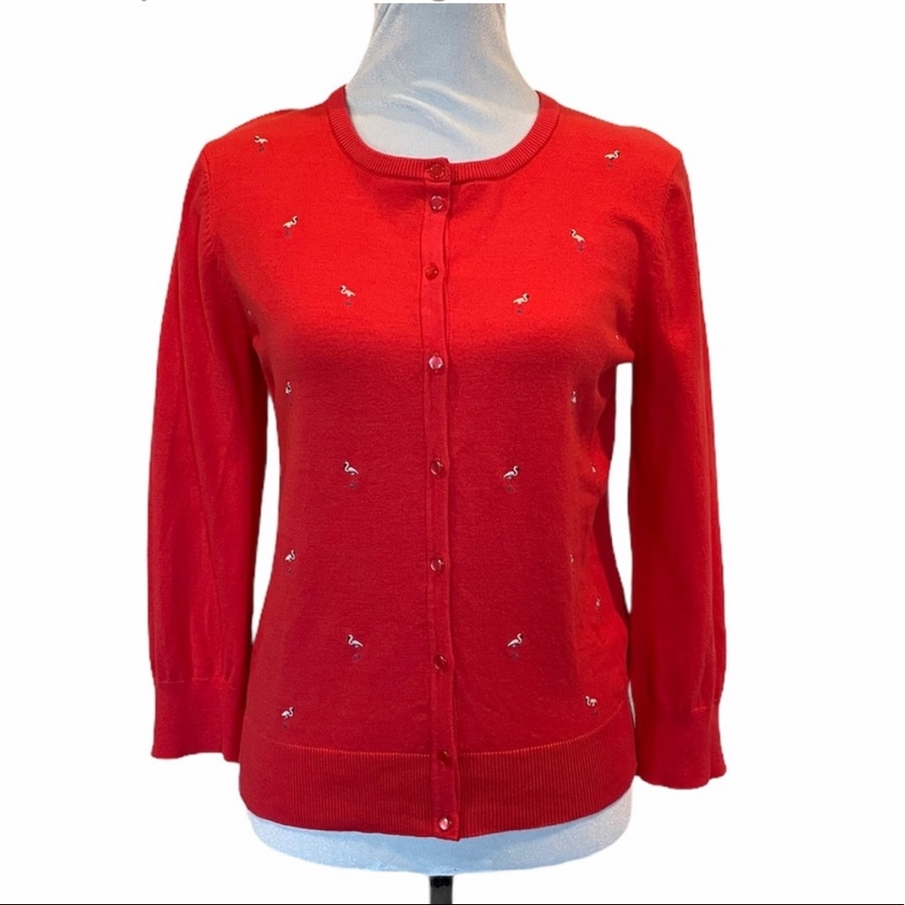 Cable & Gauge red button front embroidered flamingo print cardigan size medium